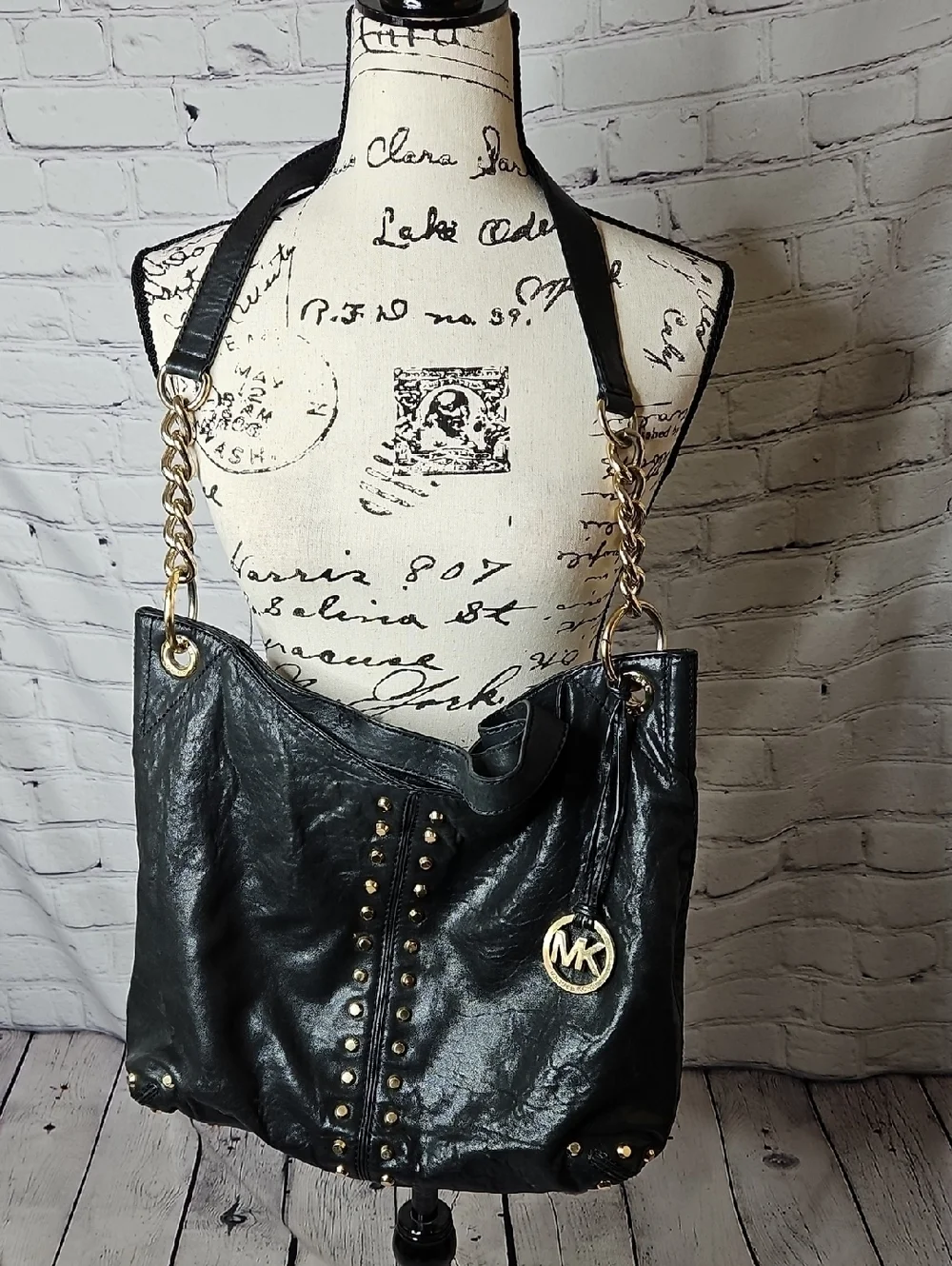 Michael Kors Uptown Astor Black Leather Studded Shoulder Bag